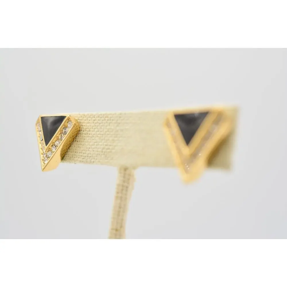 Vintage Triangle Earrings Black Enamel Pave Rhinestone Crystal Stud Gold 80s 9L